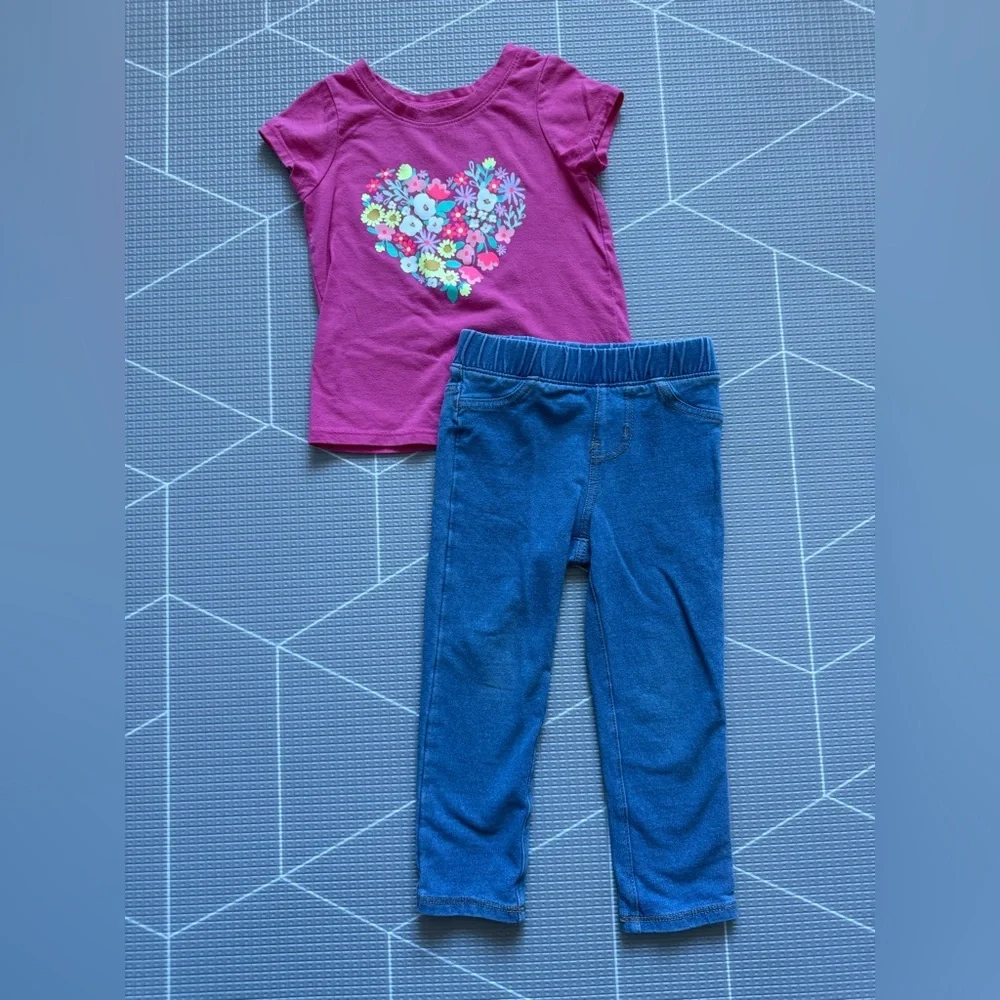 Cat & Jack|Baby girl/toddler set Pink Floral Heart Tee with Denim Jeggings•••2T